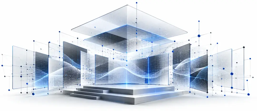A lit stage framed by translucent panels and connected light points
