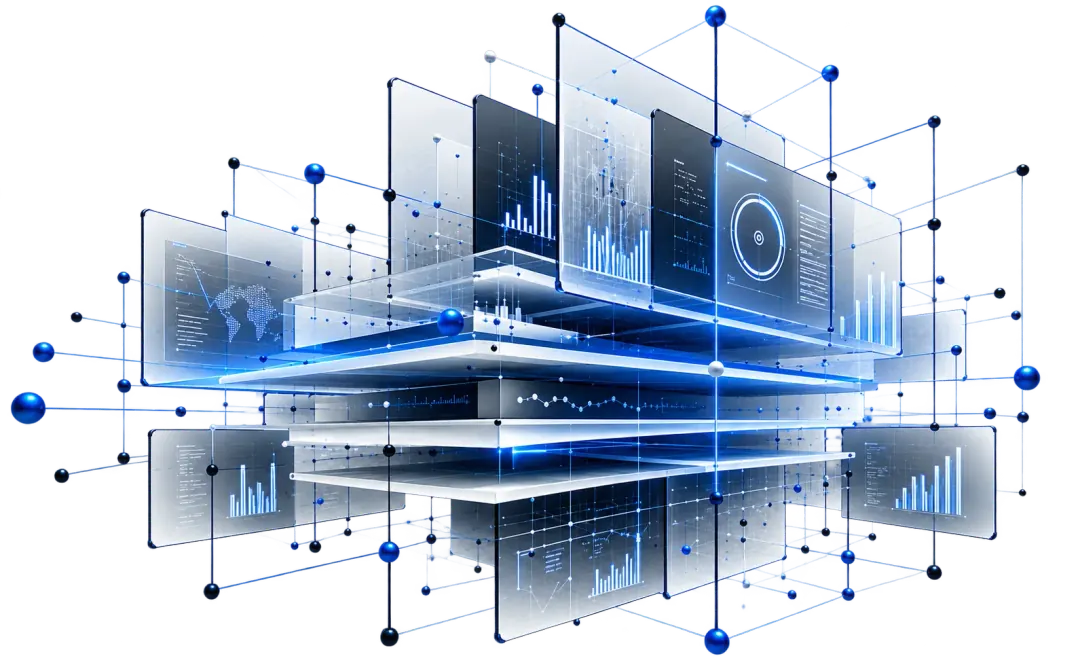 Layered platforms and dashboards joined by a network of connected points