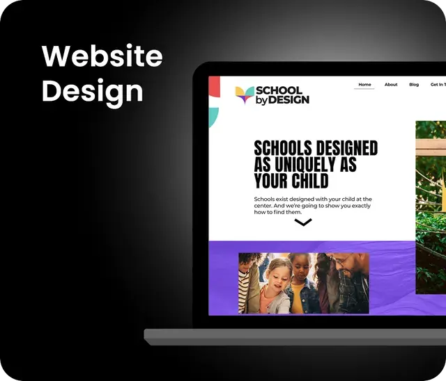Website design showcasing School by Design, emphasising unique educational experiences with engaging visuals and clear messaging.