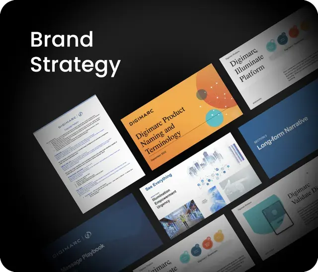 Brand strategy presentation featuring slides from Digimarc, including product naming, long-form narrative, and message playbook.
