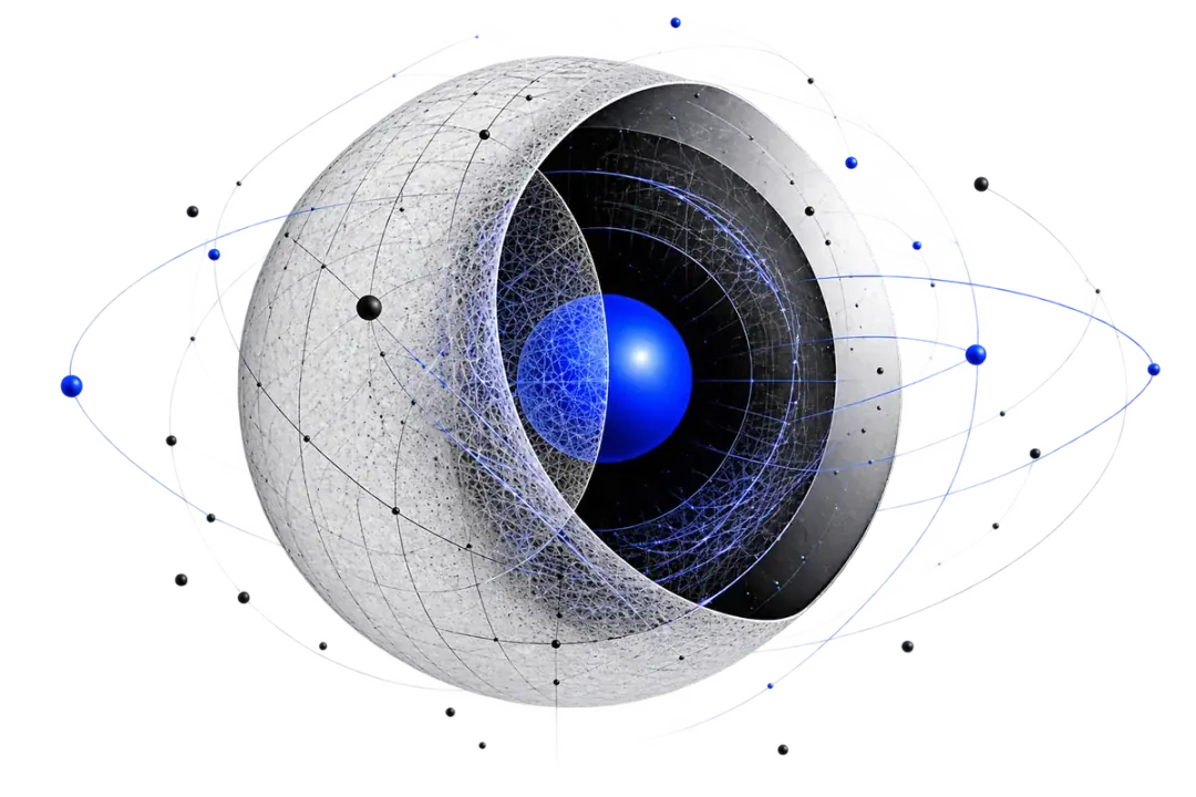 Creative Blue banner artwork: a wireframe sphere opening to a blue core, orbited by nodes, standing for the strategy, storytelling and systems that surround a brand.