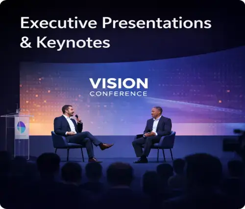 Executive presentations and keynotes at the Vision Conference, with two speakers in discussion on stage.