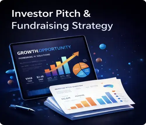 Investor pitch and fundraising strategy graphic featuring a tablet displaying growth opportunity metrics beside printed pitch overview documents.