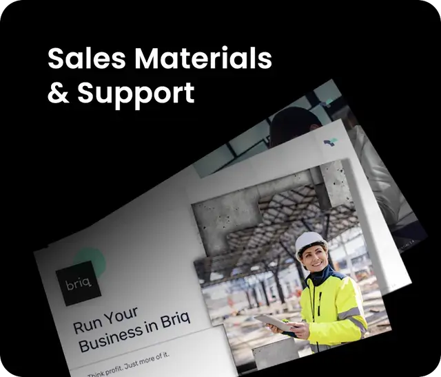 Sales materials supporting business growth, featuring a professional in a safety jacket using a tablet on a construction site.